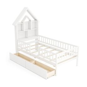 Twin Size House Bed Kids Montessori Bed with House-Shaped Storage Headboard-White