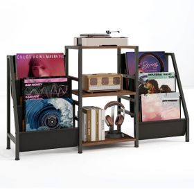 Record Player Stand for up to 200 Albums Turntable Display Stand with 3 Shelves-Rustic Brown