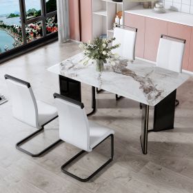 Table and chair set. A white imitation marble desktop with MDF legs and gold metal decorative strips. Paired with 4 dining chairs with white back